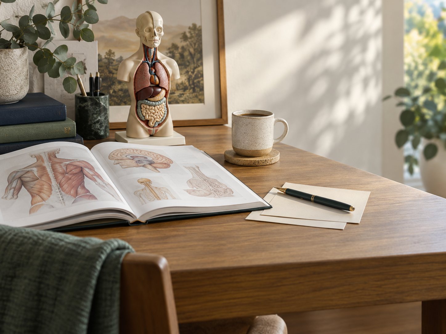 Clinical textbooks and study notes on a desk